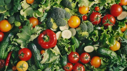 Wall Mural - A lush garden's bounty of fresh vegetables features vibrant peppers, tomatoes, cucumbers, and leafy greens, showcasing a variety of shapes and colors.