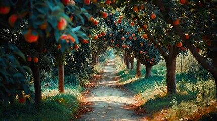 Poster - Sun-dappled pathway through a lush apple orchard laden with ripe red apples invites a stroll.