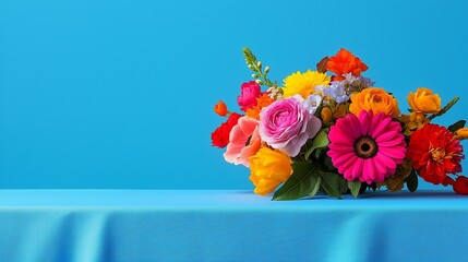 Wall Mural - A colorful bouquet of flowers sits on a blue tablecloth. The flowers are arranged in a vase and are of various colors, including pink, yellow, and orange