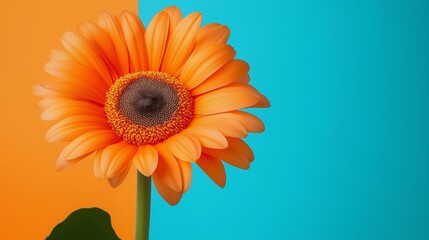 Wall Mural - A single orange flower is the main focus of the image. The flower is surrounded by a blue background, which creates a sense of calmness and tranquility