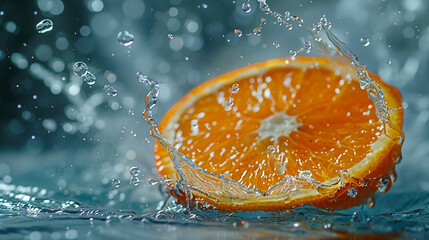 Juicy orange slice splashing into clear water, creating vibrant droplets and refreshing citrus burst