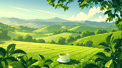 Illustration of Green Rural Hillside Landscape