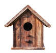 © Duka Mer - A wooden birdhouse with an open door is isolated on a empty background.