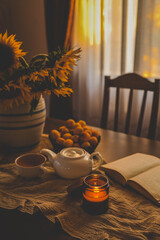 Wall Mural - Candle lit amidst a cozy setup with tea, sunflowers, and apricots, exuding warmth and tranquility