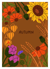 Fototapete - Autumn card, fall season flower blossoms. Botanical natural poster, framed floral blooming background. Vertical postcard design with delicate gentle wildflowers. Flat graphic vector illustration