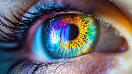 Detailed close-up of a human eye featuring a colorful iris pattern, with ample room for text or branding.