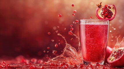 Sticker - Glass of fresh pomegranate juice, with dynamic splashes and space for advertising, perfect for healthy drink promotions.