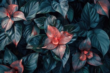 Wall Mural - A bright red flower is surrounded by lush green leaves