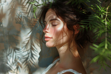 Portrait of woman doing meditation with her eyes closed and sunlight falling on her face