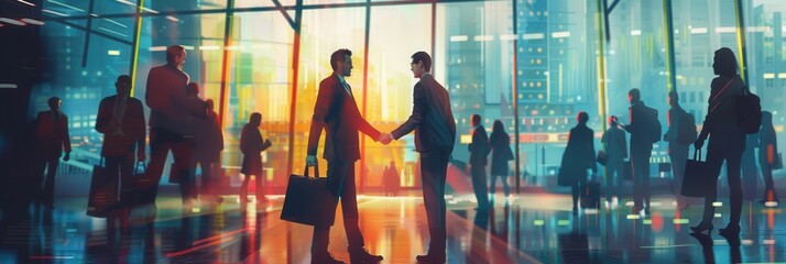 Leinwandbilder - Two business people shake hands confidently in front of a modern office building as others work in the background during a bustling afternoon. Generative AI