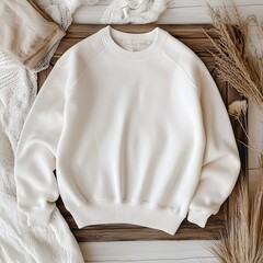 Wall Mural - Flat lay white sweatshirt mockup. Casual Gildan mock up. Blank normal long sleeve t-shirt template front view. Crewneck tee, basic model. Unisex clothing, gender neutral apparel, outfit mock