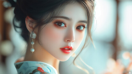 Young korean woman wearing traditional clothing poses elegantly indoors with soft lighting