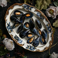 Wall Mural - Blue Mussels on Dark Leaves and Flowers Background Top View, Delicacy Seafood Dish