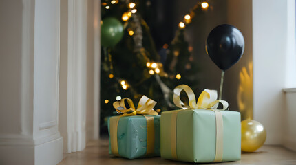 a two presents sitting on the floor near a christmas tree