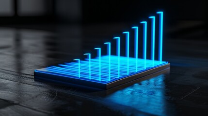 A glowing blue bar graph rising from a dark rectangular base