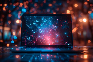 Wall Mural - A laptop is set against a backdrop of a visually striking computer internet network, showcasing interconnectedness of social connections, analytics, and information, creating a captivating abstract t