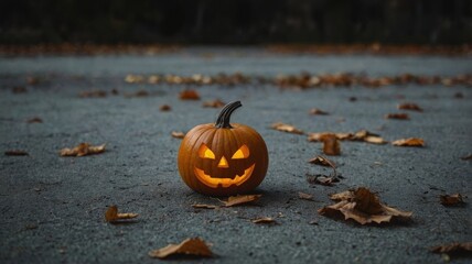 A spooky Halloween pumpkin with a carved face glowing with a candle inside