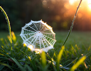 Close-Up of Dew-Kissed Spider Web on Morning Grass
