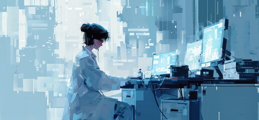 Wall Mural - A woman in a white lab coat is sitting at a desk with three computer monitors