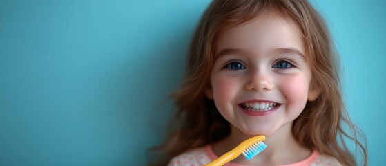 Child Holding Toothbrush on Light Blue Background