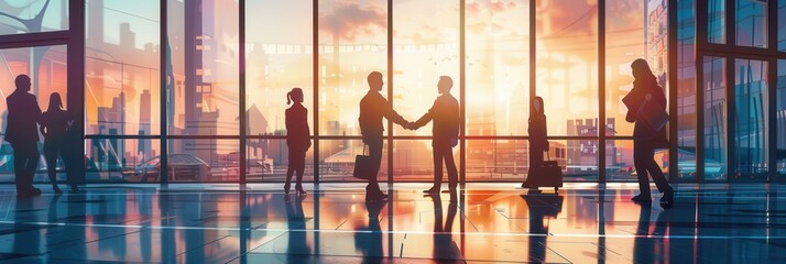 Aufkleber - Two business professionals shake hands in front of a contemporary office building as the sun sets, reflecting warm colors through the glass. Generative AI