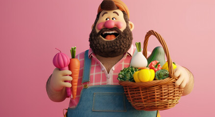 Poster - 3D character happy farmer with hat and beard holding basket full of vegetables against a pink background