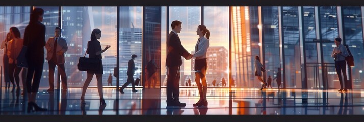 Poster - Business partners engage in negotiation while shaking hands near a glass office building at sunset, symbolizing a successful collaboration. Generative AI