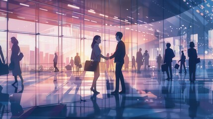 Aufkleber - Two business individuals are warmly shaking hands in front of a contemporary office building as the sun sets, symbolizing partnership and collaboration. Generative AI