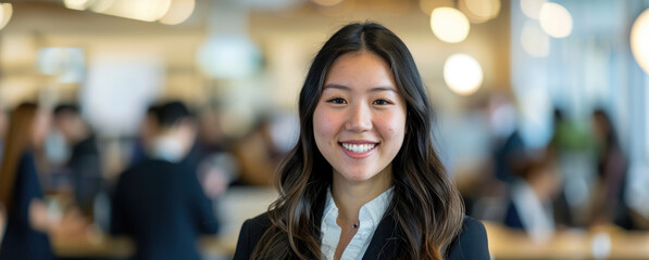 Wall Mural - A beautiful young Asian woman with long hair smiles at the camera, wearing professional attire and standing in an office environment filled with busy co-workers in motion