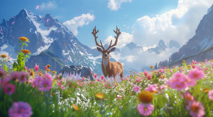 Wall Mural - A deer standing in the middle of an open field full of flowers, with mountains and a blue sky in the background