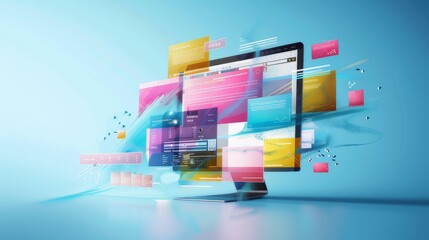 Concept of assembling a web page from modules that fly around the display. The web design studio concept page is on the display