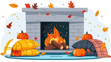 Poster - A cozy fireplace scene with pumpkins, autumn leaves and blankets