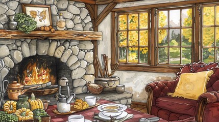 Poster - an autumn fireplace clip art