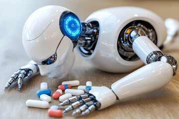 Sticker - Advanced Robotic Hand Offering Pills with Precision Demonstrating the Integration of AI in Healthcare