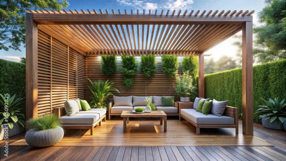 3D Render of a Modern Wooden Pergola with Patio Furniture and Lush ...