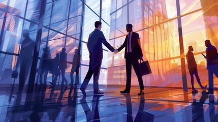 Aufkleber - Two business people engage in a handshake, symbolizing collaboration and partnership near a contemporary office building as the sun sets. Generative AI
