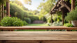 © adynue - empty wooden table for product display with Oregano garden background