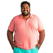 © CrazeePixelINC - Front view mid body shot of an extremely fat 25-year-old Indian man in a neon pink polo shirt and teal shorts, smiling at the camera, isolated on a white transparent background