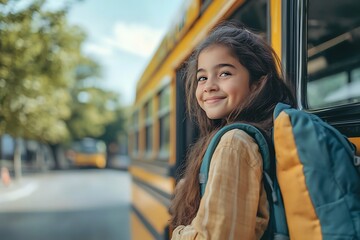 Smiling student kid Boarding School Bus On A Sunny Day