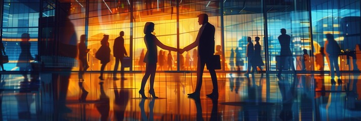 Aufkleber - Two business professionals warmly shake hands in front of a modern office building as evening light creates a vibrant atmosphere. Generative AI