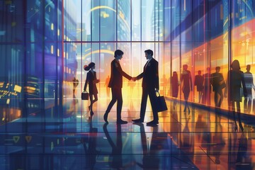 Aufkleber - Two businesspeople are engaged in a handshake in front of a sleek office building, illuminated by vibrant city lights at dusk. Generative AI