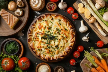 Wall Mural - Ossetian Pie with Cheese, Steamed Vegetables, Champignons Baked with Gouda and Snacks, Vegetables