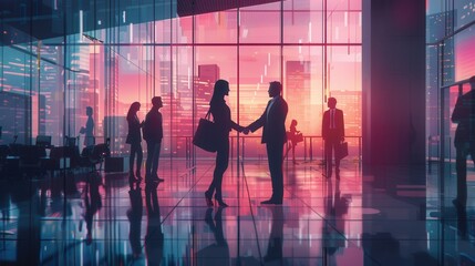 Aufkleber - Two business people engage in a handshake, symbolizing agreement and partnership in a contemporary office environment at dusk. Generative AI
