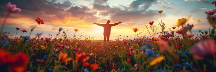 Sticker - Happy Man in Blooming Flowers Field, Facing The Sky, Success Celebration,Thanks Gesture, Blessing God