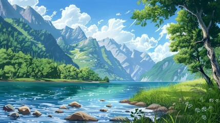 Wall Mural - the view on the river bank with beautiful mountains