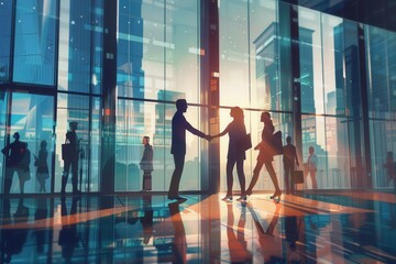 Aufkleber - Two business professionals shake hands in front of a glass office building as the sun sets, symbolizing partnership and collaboration. Generative AI