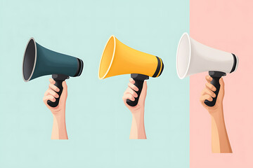 Loudhailer, hands holding megaphone. Announcement, advertising, public hearing concept. Mockup design with loudspeaker, background with blank empty space for copy space