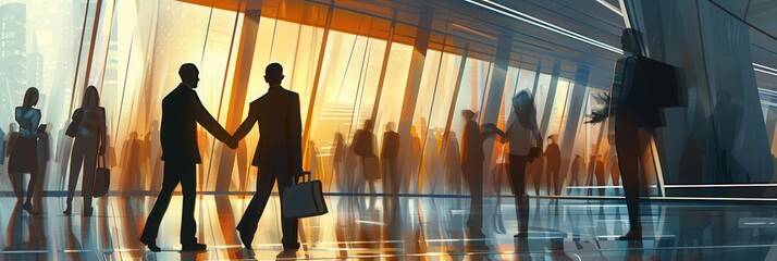 Aufkleber - Two business professionals exchange a handshake outside a contemporary office building as colleagues walk by during sunset. Generative AI