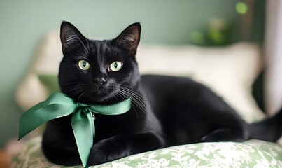 all black cat with a big green ribbon sitting in a green themed pretty green vintage room, Generative AI