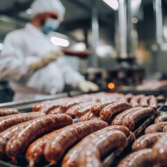 Wall Mural - Sausages Production Line, Food Industry, Working on Automated Production Lines on Sausages Factory